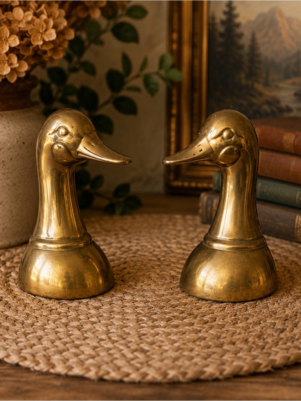 Vtg MCM Solid Brass Mallard Duck Head Book Ends Animal Leonard Silver Mfg Co